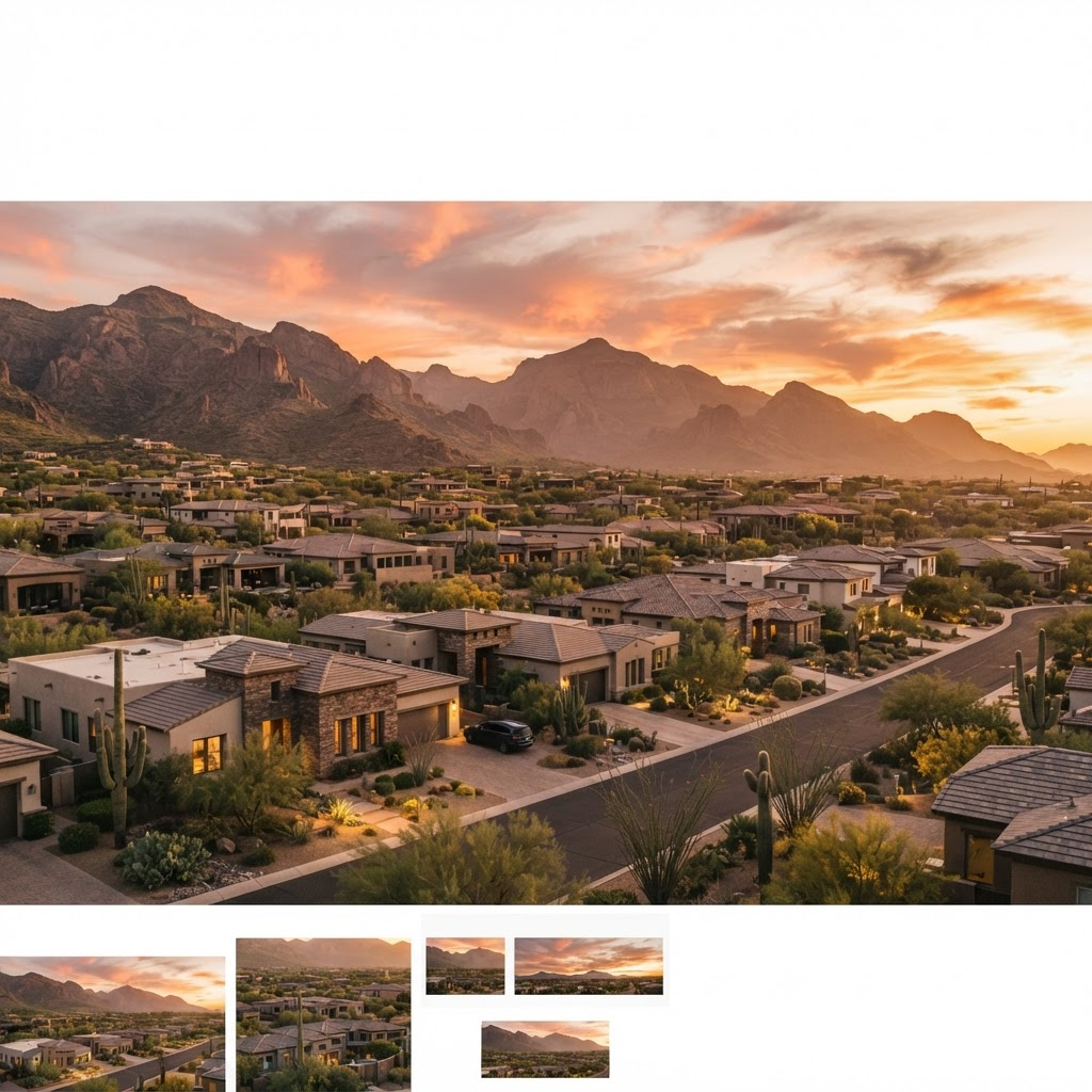 Phoenix desert neighborhood of homes at golden hour with mountains in the background