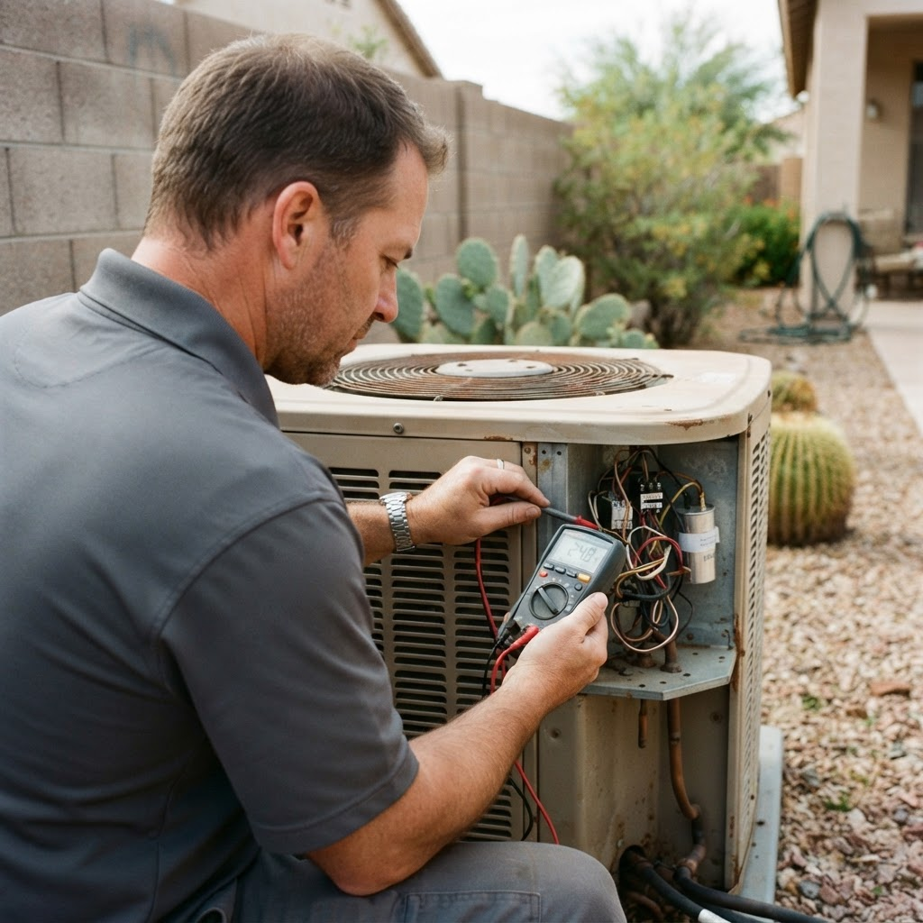 Licensed HVAC technician standing beside a residential air conditioning unit at a Phoenix home