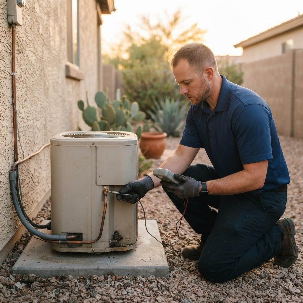 HVAC technician diagnosing a residential air conditioning unit in a Phoenix backyard